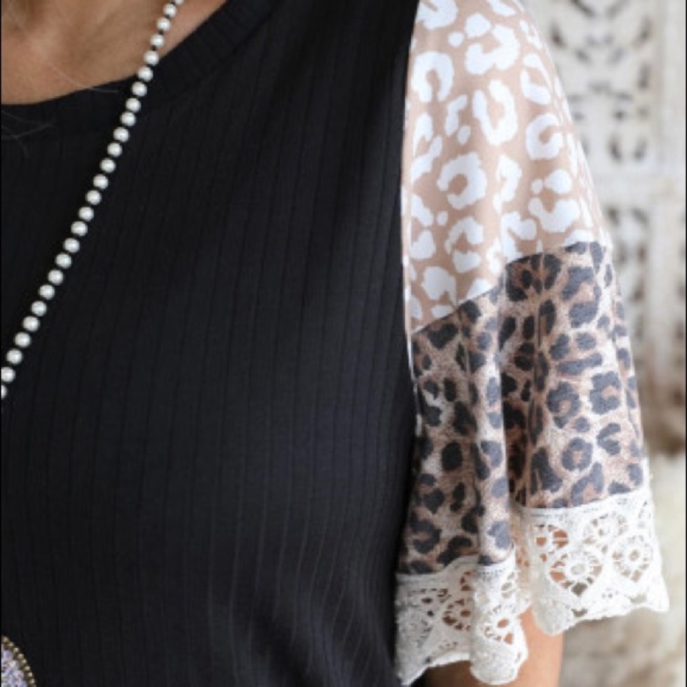 Leopard Lace Splicing Sleeve Rib-Knit Patchwork Color Block Summer Top
